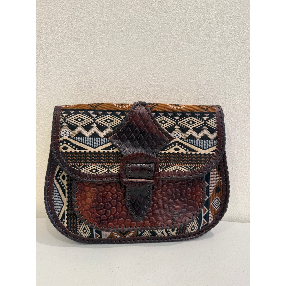 Artisan Tooled Leather Woven Tapestry Crossbody Bag Boho Geometric Saddle Bag